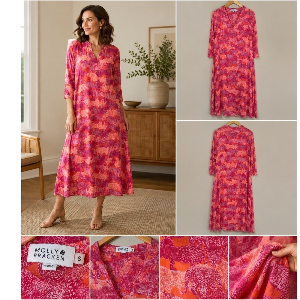 Molly Bracken Pink Orange Leopard Print Metallic Midi Dress Womens Small V-Neck